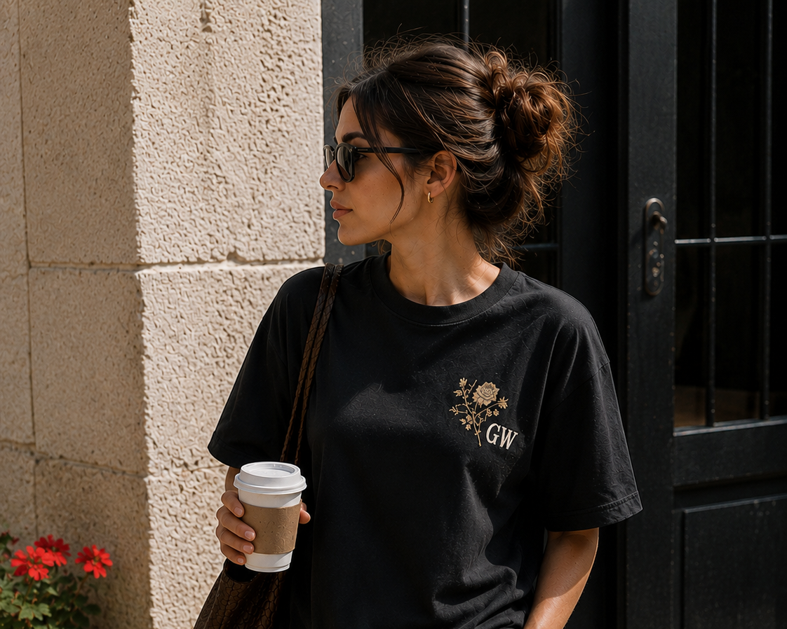 Woman in a black t-shirt with a floral design and 'GW' logo, holding a coffee cup, standing against a textured wall.